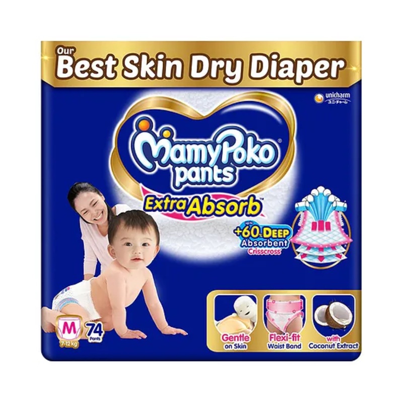 MamyPoko Pants Extra Absorb Baby Diapers, Medium (M size) | 7-12 kg | 74 Count |Deep Sleep Diapers| Soft gentle fit |Deep Absorbent Crisscross | skin friendly with coconut oil |