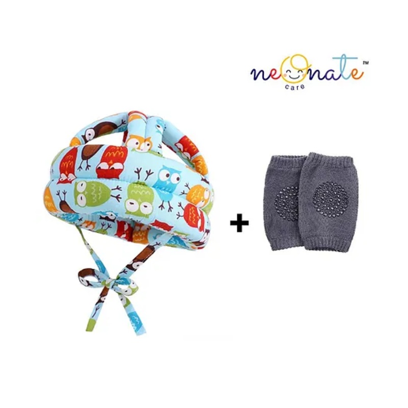 NeonateCare Baby Safety Helmet & Kneepads (Blue Owl Print Helmet and kneepads)