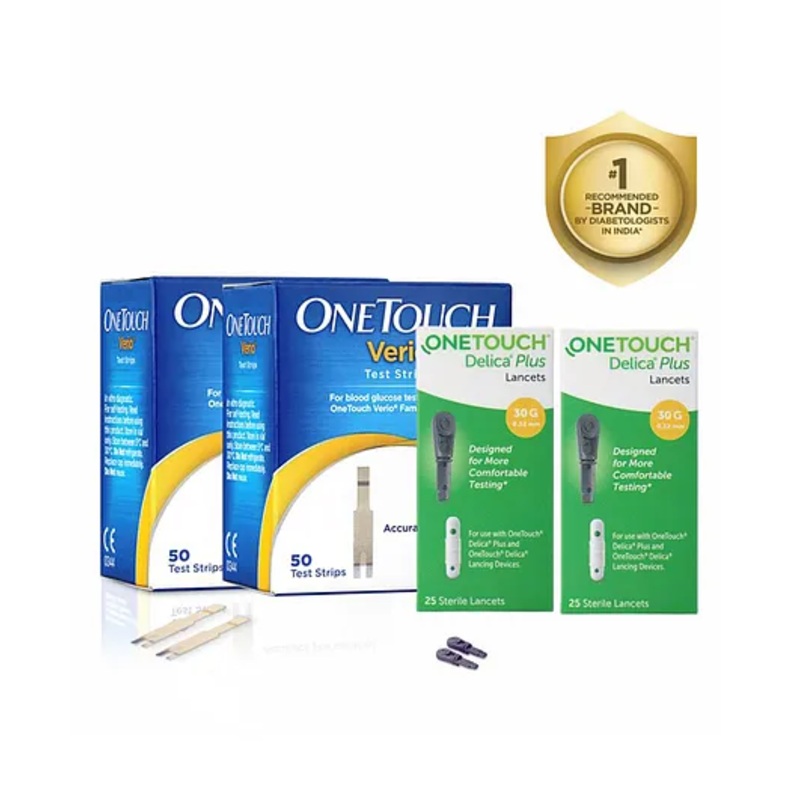 Onetouch Verio Test Strips Pack of 100 Test Strips Along With 50 Delica Plus Lancets
