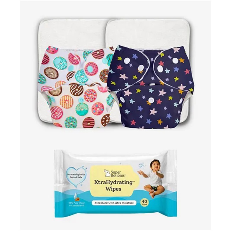 SuperBottoms BASIC Reusable Cloth Diaper pack of 3 with 72pcs XtraHydrating Wipes
