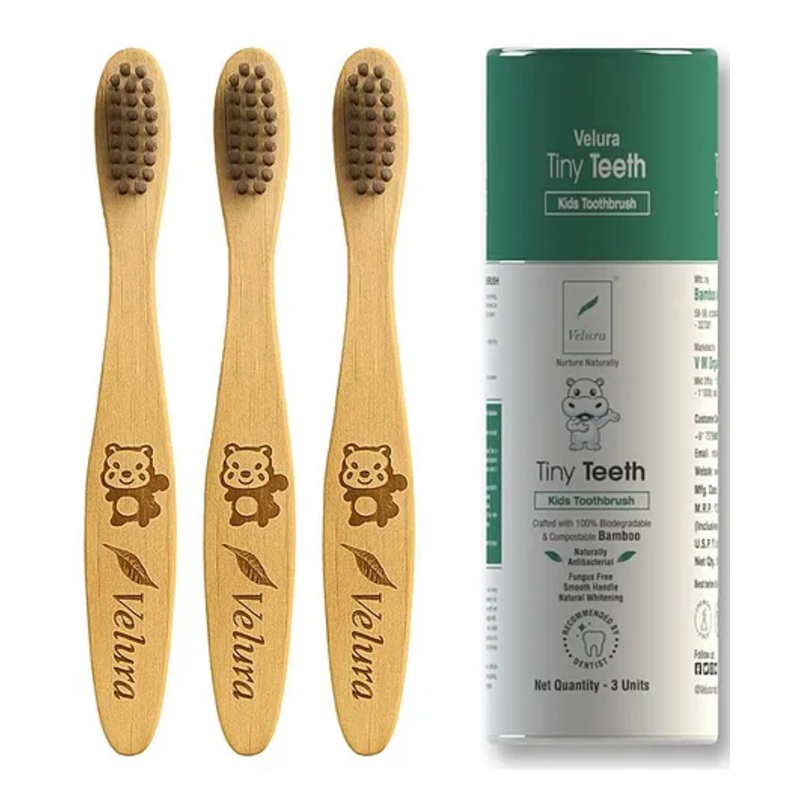 Velura Kid’s Toothbrush Pack of 3-Tiny Teeth |  Baby’s Oral Care Brush with bamboo handle and bristles