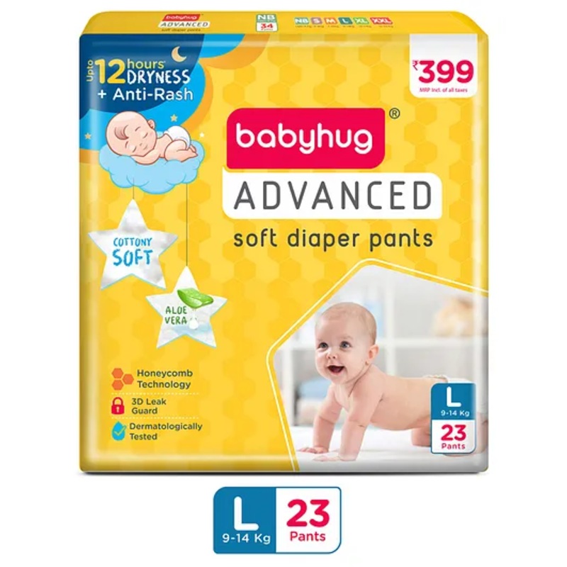Babyhug Advanced Pant Style Diapers Large (L) Size – 23 Pieces, Honeycomb Technology, Cottony Soft Diaper with 3D Leak Guard, Latex & Alcohol Free, Anti-rash & Gentle