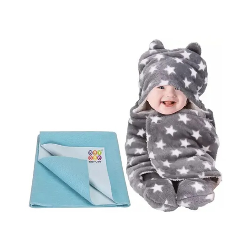 Bey Bee Wearable Hooded Full Body Cover Baby Sleeping Bag and Dry Sheet Star Print Small – Grey Blue