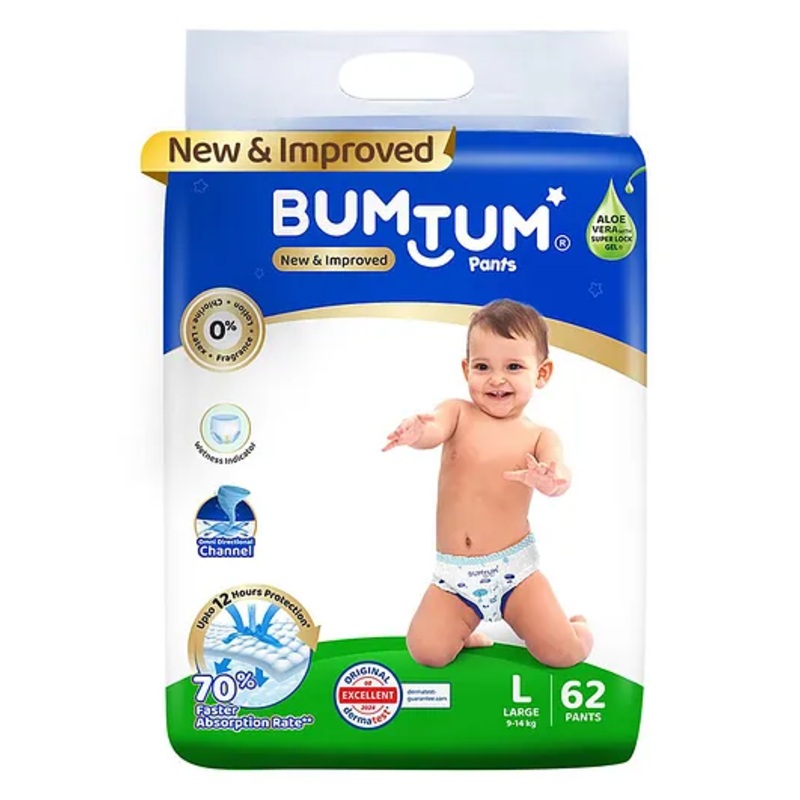Bumtum Baby Diaper Pants with Double Layer Leakage Protection Infused With Aloe Vera, Cottony Soft High Absorb Technology  Large- 62 Pieces