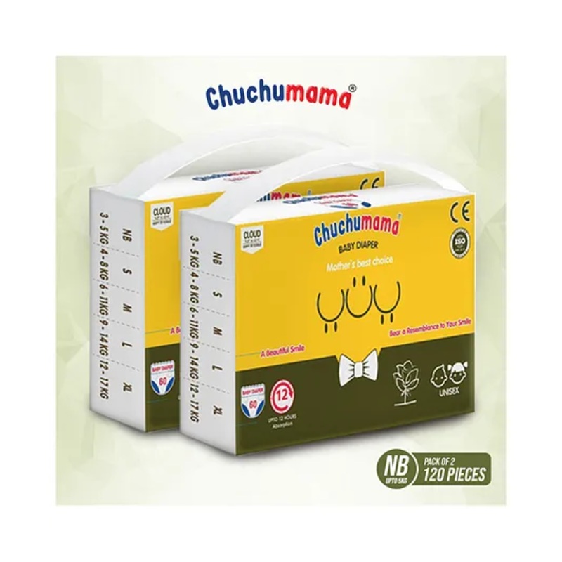 Chuchumama Taped Style (VELCRO) new born (NB) Size, 0 – 5 kg, Combo Pack of 2, 60 count Per Pack, 120 count, 12 hrs Absorption and Cottony Soft Material