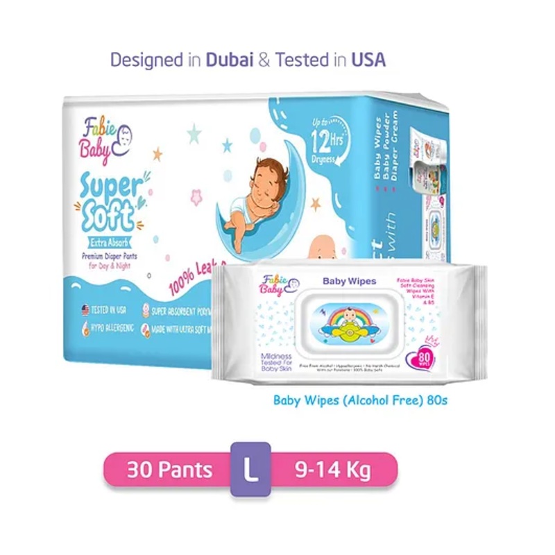 Fabie Baby Premium 12 Hrs Protection Diaper Pants Large (30Pcs) & Baby Wipes (72Pcs) Combo – Pack of 2