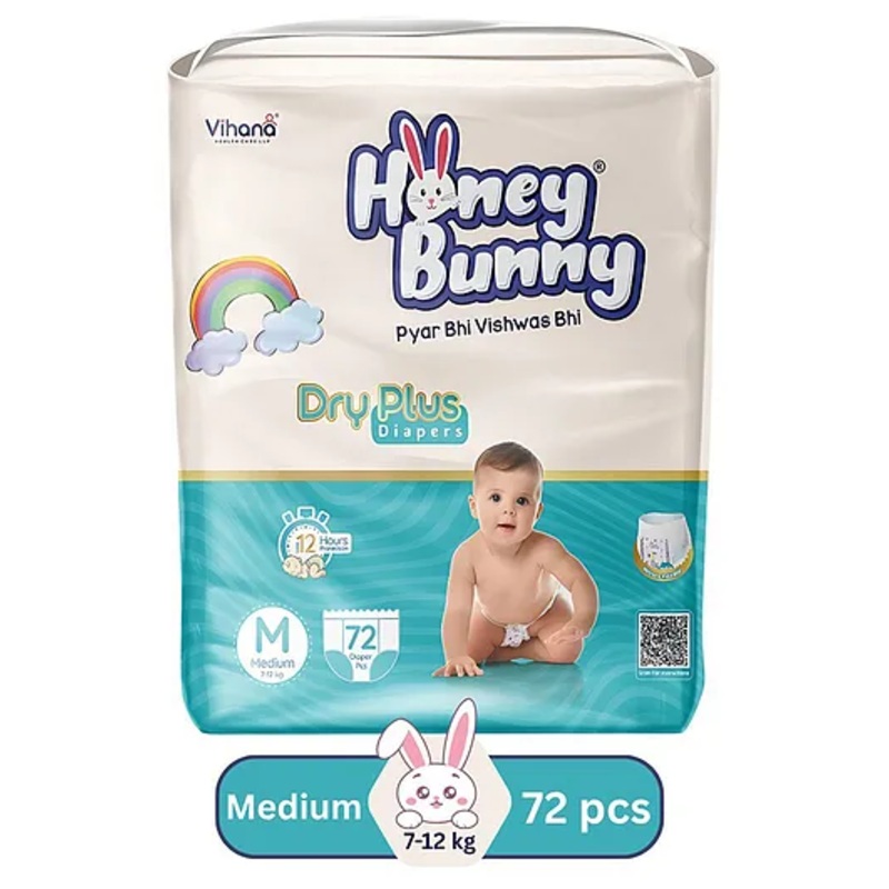 HONEY BUNNY Baby Diaper Pants Super Soft Dry Plus 12 Hour protection – Pack of 72 M – M