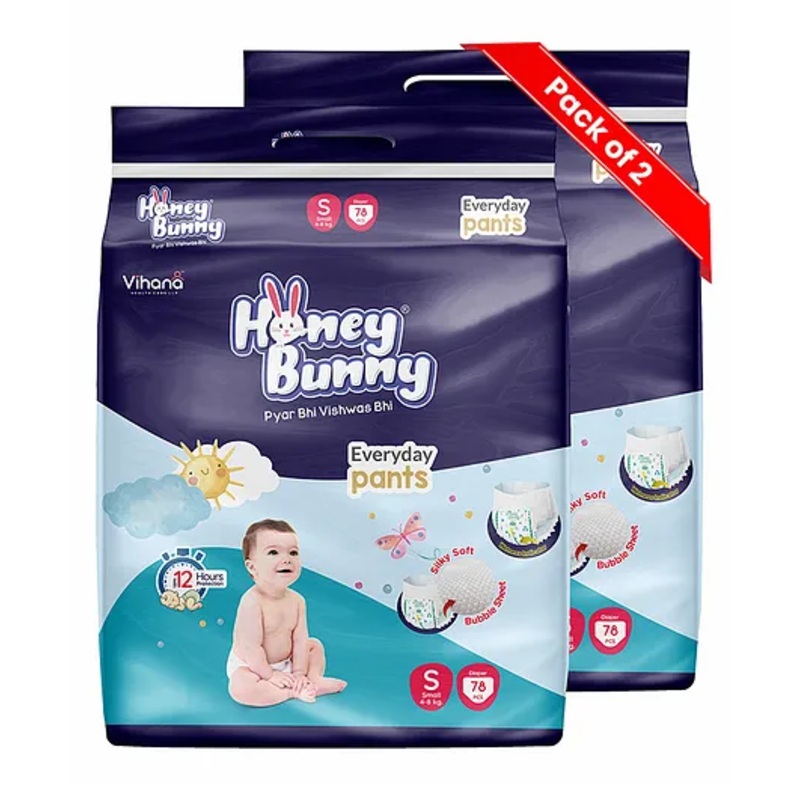 Honey Bunny Everyday Baby Pants Diapers with Wetness Indicator, Silky Soft – Bubble sheet, Small – 78(4-8 kgs) (Pack of 2) 156pcs