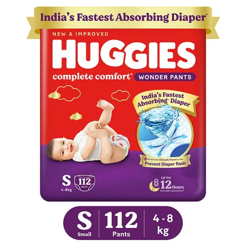 Huggies Complete Comfort Wonder Pants, India’s Fastest Absorbing Diaper | S Size, 112 Diapers