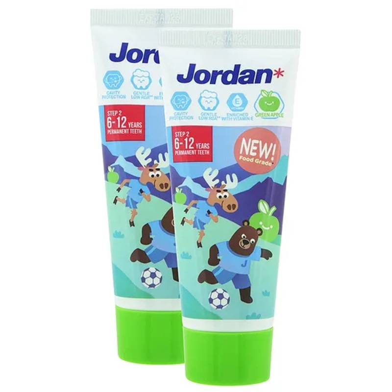 Jordan Kids Toothpaste | STEP 2 | Mild Fruity Flavours | Green Apple | Permanent Teeth | Gentle for Tooth | Food Grade | 75g (Pack of 2)