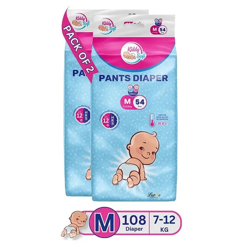 KiddySoft Baby Diaper Pants | Super Absorbent with Criss Cross Layer | Up to 12 Hours Protection | Softest Top Sheet | Comfortable Fit | Medium (7-12 KG) | Pack of 2 (108 Diapers )