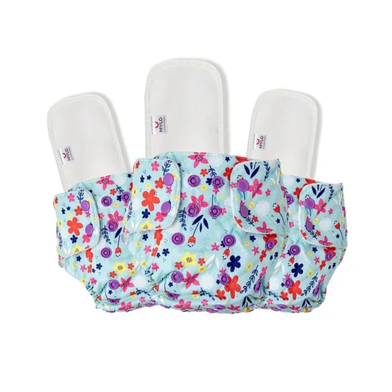 Mylo Baby Adjustable Washable and Reusable Cloth Diaper With Dry Feel Absorbent Insert Pad 3M-3Y – Floral Spring  – Pack of 3