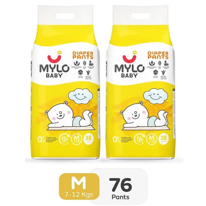 Mylo Baby Diaper Pants Medium M Size 7-12 kgs with ADL Technology – 76 Count – 12 Hours Protection