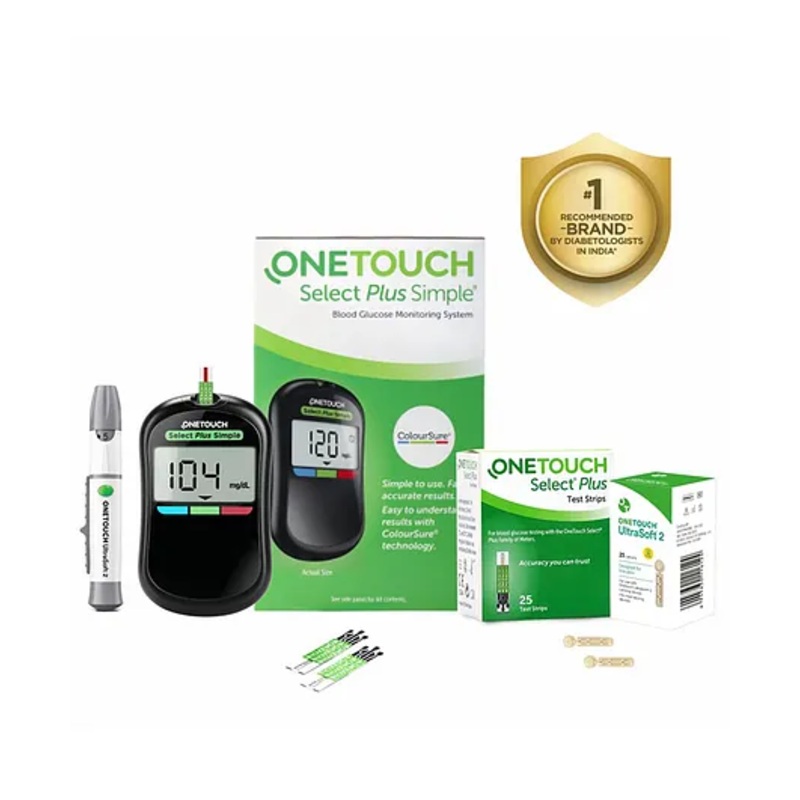 OneTouch Select Plus Simple glucometer machine with 25 Test Strips & 25 additional Ultrasoft 2 Lancets(total 35 lancets) | Simple & accurate testing of Blood sugar levels at home | Global Iconic Brand