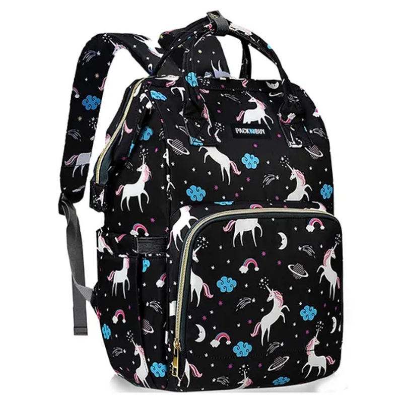 PACKNBUY Diaper Bag Backpack Unicorn Print Baby Travel and Storage Bag – Black