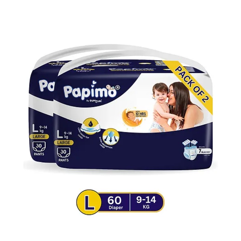 Papimo Baby Diaper Pants  | 12 Hours Absorption with Criss-Cross Technology | Cottony Soft & Breathable | Aloe Vera Infused | Wetness Indicator | Extra Large (10-18 KG) | Pack of 2 (52 Diapers)