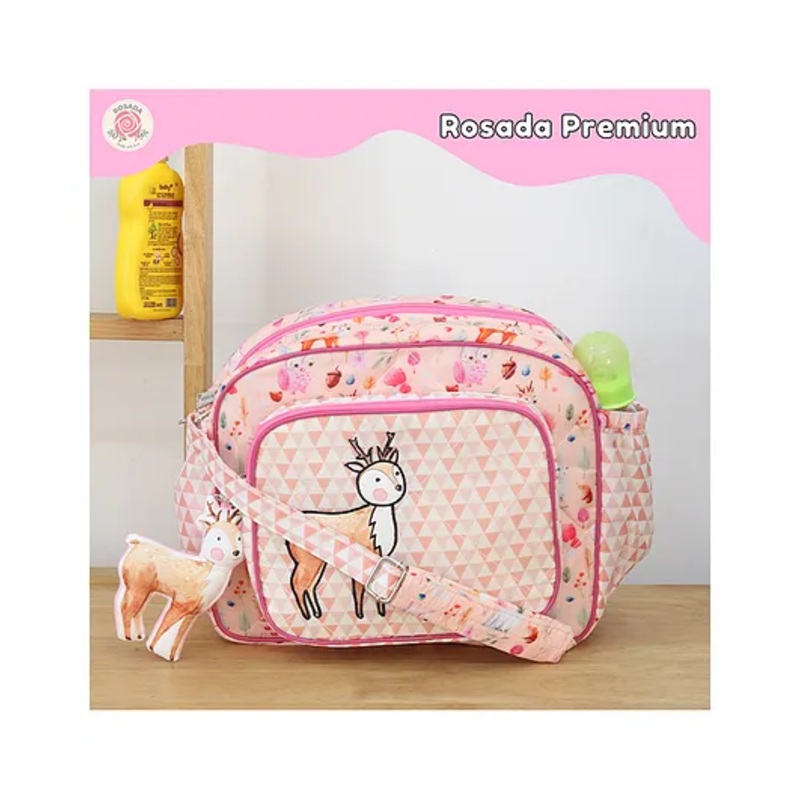Rosada Forest Deer Trendy Mini Sling Diaper Bag for Baby Mom | Outing Travel Lightweight Waterproof Washable Spacious Zip Compartments and Shoulder Sling with Hanging Soft Toy  Mini