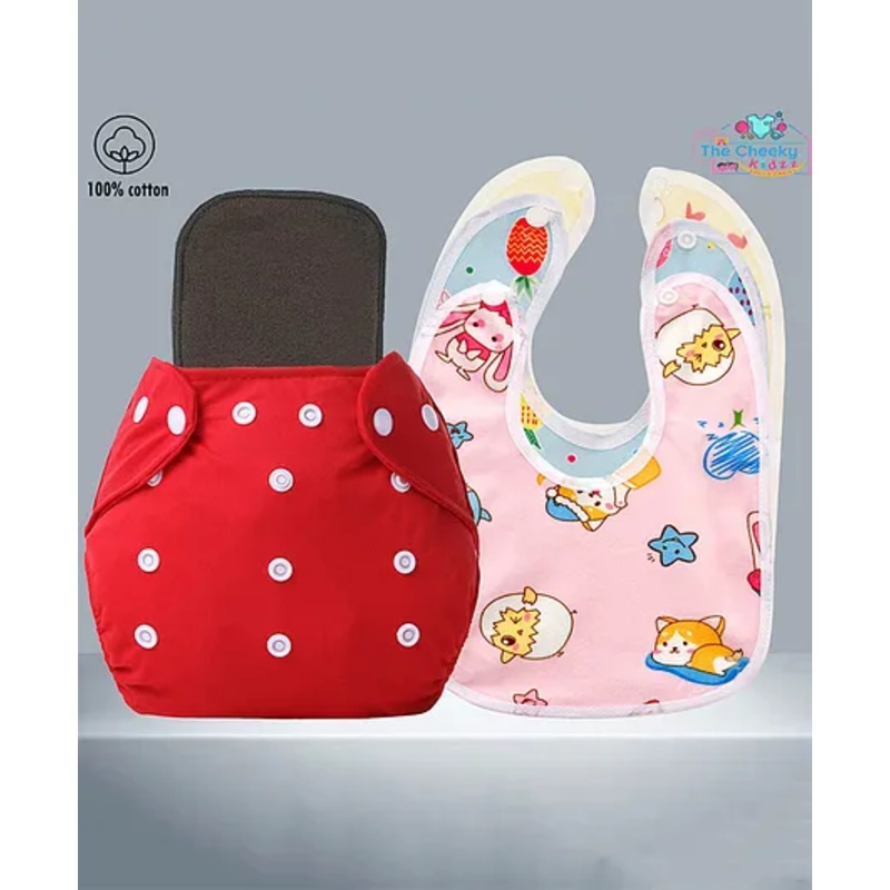 The Cheeky Kidzz Baby Essential Reusable Cotton Cloth Diaper With Bamboo Charcoal Insert With 3 Feeding Bib (RED)