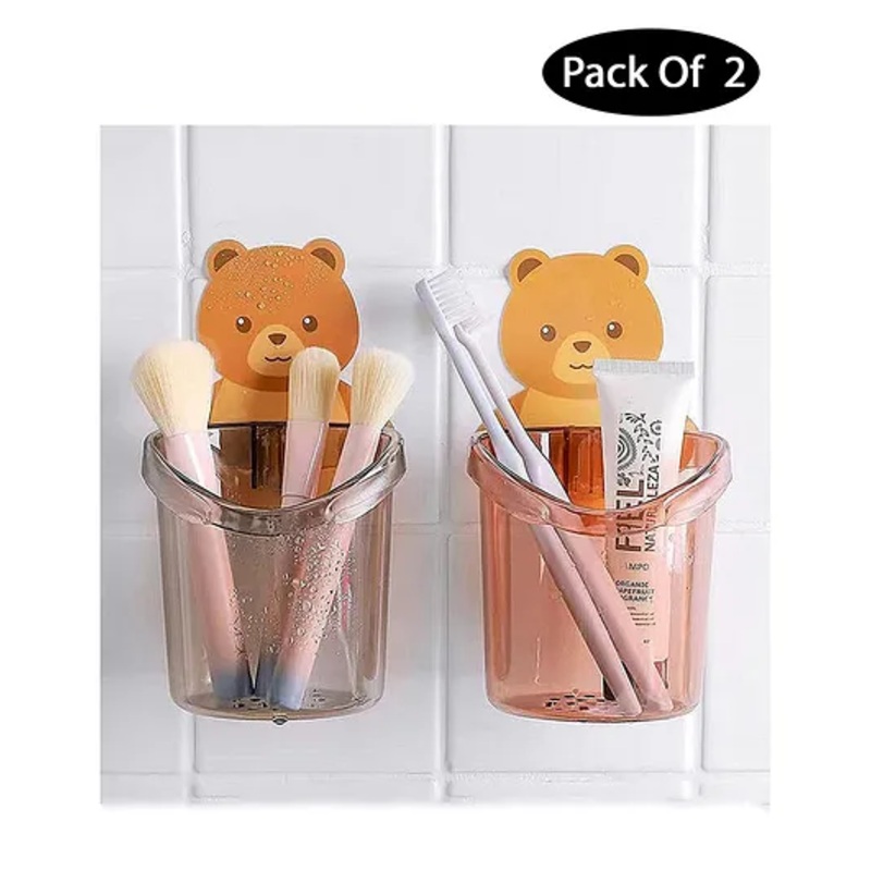 Baby Miniature Toothbrush Holder Shelf Wall Mounted with Self Adhesive Teddy Bear Magic Sticker – Pack of 2