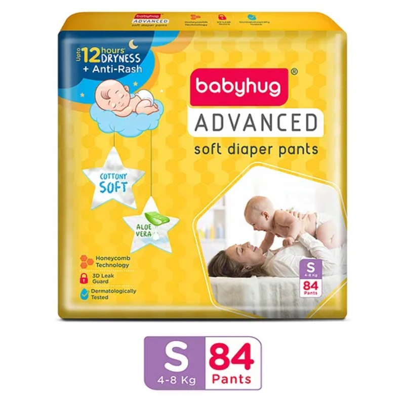 Babyhug Advanced Pant Style Diapers Small (S) Size – 84 Pieces, Honeycomb Technology, Cottony Soft Diaper with 3D Leak Guard, Latex & Alcohol Free, Anti-rash & Gentle