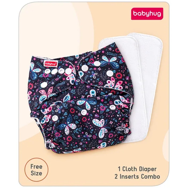 Babyhug Free Size Reusable Cloth Diaper with 2 Smart Dry Inserts Combo Butterfly Print- Navy Blue