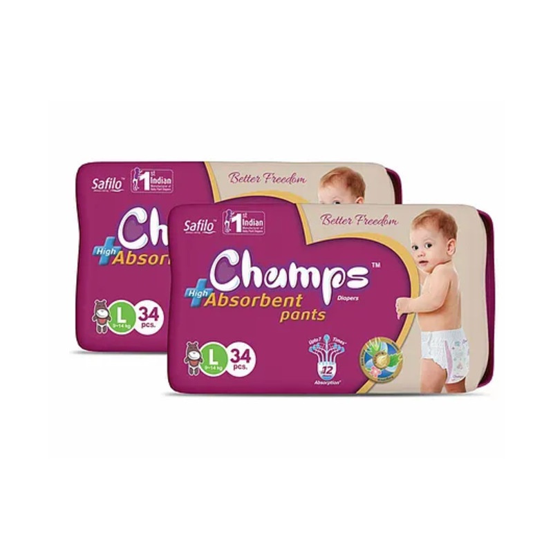 Champs High Absorbent Pant Style Diaper Large Pack of 2 White – 68 Pieces