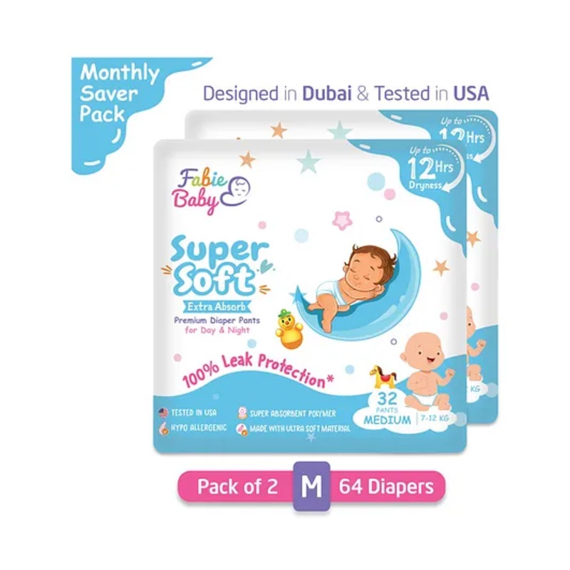 Fabie Baby Pant Style Diaper Medium Size (32Pcs) – Pack of 2