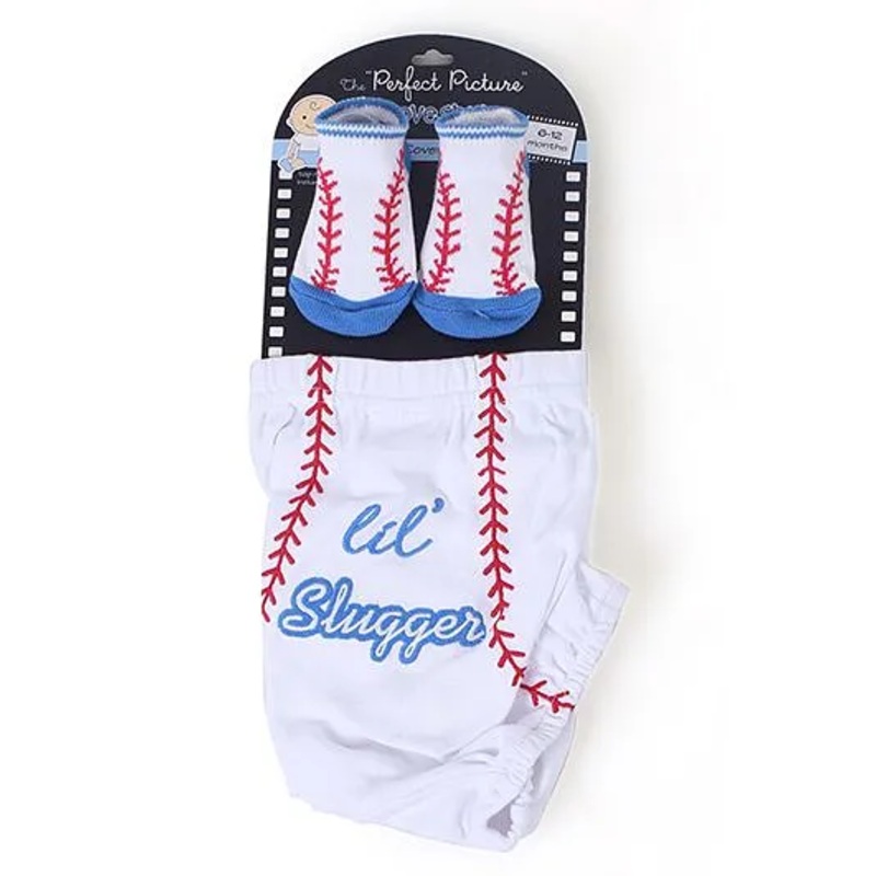 Lovespun Slugger Print Diaper Cover & Socks – White