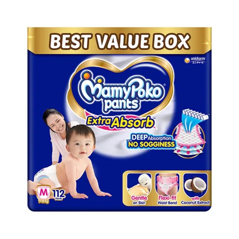 MamyPoko Pants Extra Absorb Baby Diapers, Medium (M size) | 7-12 kg | 112 Count |Deep Sleep Diapers| Soft gentle fit |Deep Absorbent Crisscross | skin friendly with coconut oil |