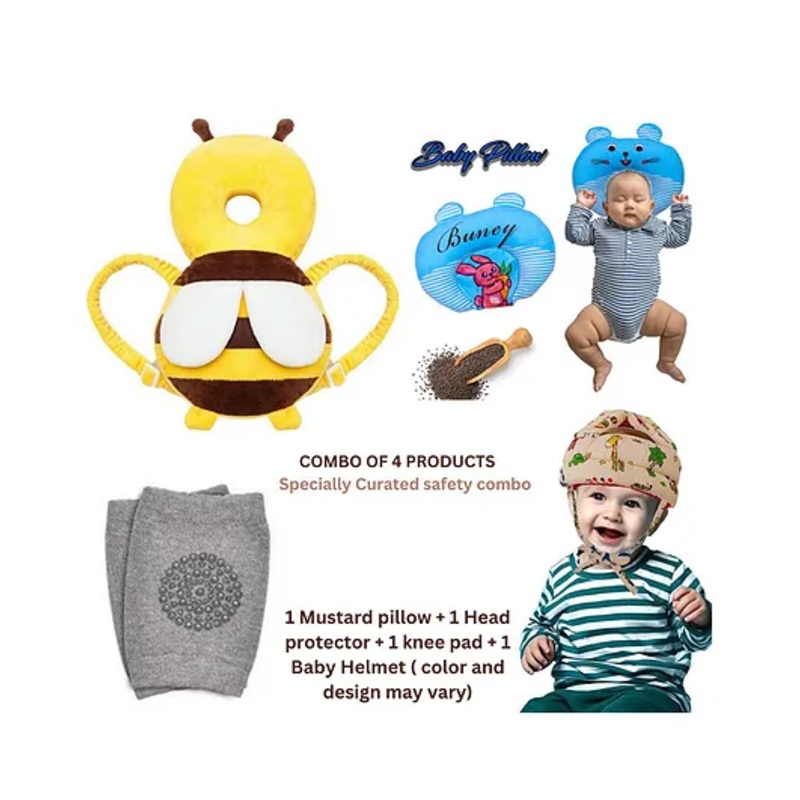 NeonateCare Baby Helmet(Cream Jungle) Baby Head Protection Cushion Backpack(Yellow head protector)With Knee pad(multicolor) and Mustard Pillow ( Blue marie printed) pack of 4 utility items