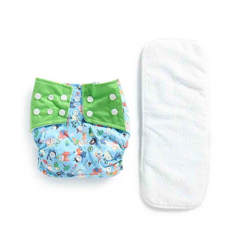 POLKA TOTS Reusable & Washable Cloth Diaper with 1 Diaper Liner and Size Adjustable Snap Buttons – Blue&Green