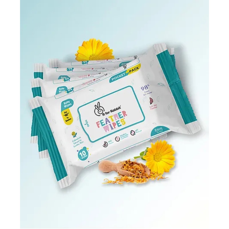 R for Rabbit Feather Aqua Wipes with Calendula Extract 10 Pieces Each  – Pack of 4