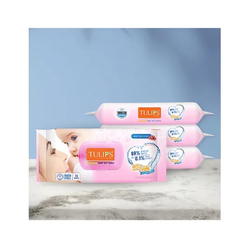 Tulips Sensitive Baby Wet Wipes With Lid Pack of 4 – 72 Pieces each