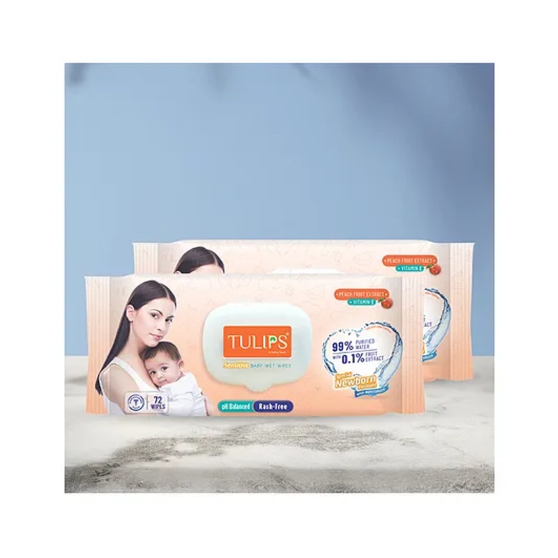 TULIPS Sensitive Baby Wet Wipes With LID Peach Fruit Extract & Vitamin E Pack of 2 – 72 Pieces Each