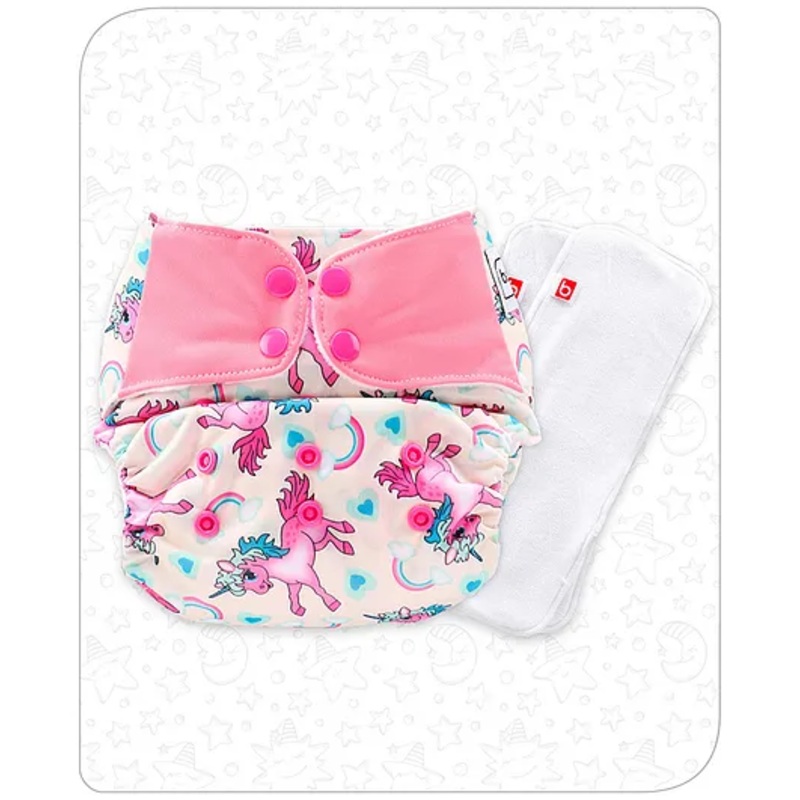 Babyhug Free Size Reusable Contrast Flap Closure Cloth Nappies With 2 SmartDry Inserts Unicorn Print – White Pink