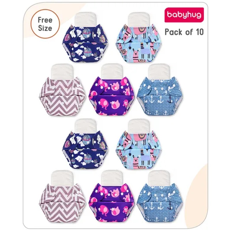 Babyhug Free Size Reusable Printed Cloth Diaper with Inserts Pack of 10 – Multicolour
