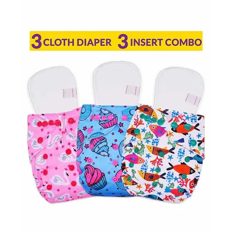 Bembika Reusable Cloth Diapers With Inserts Multi Print Pack of 3 – Pink Blue Multicolor