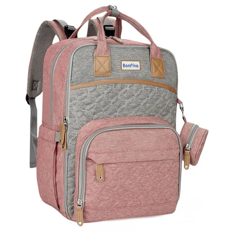 Bonfino Premium Multipurpose Diaper Backpack – Peach & Grey