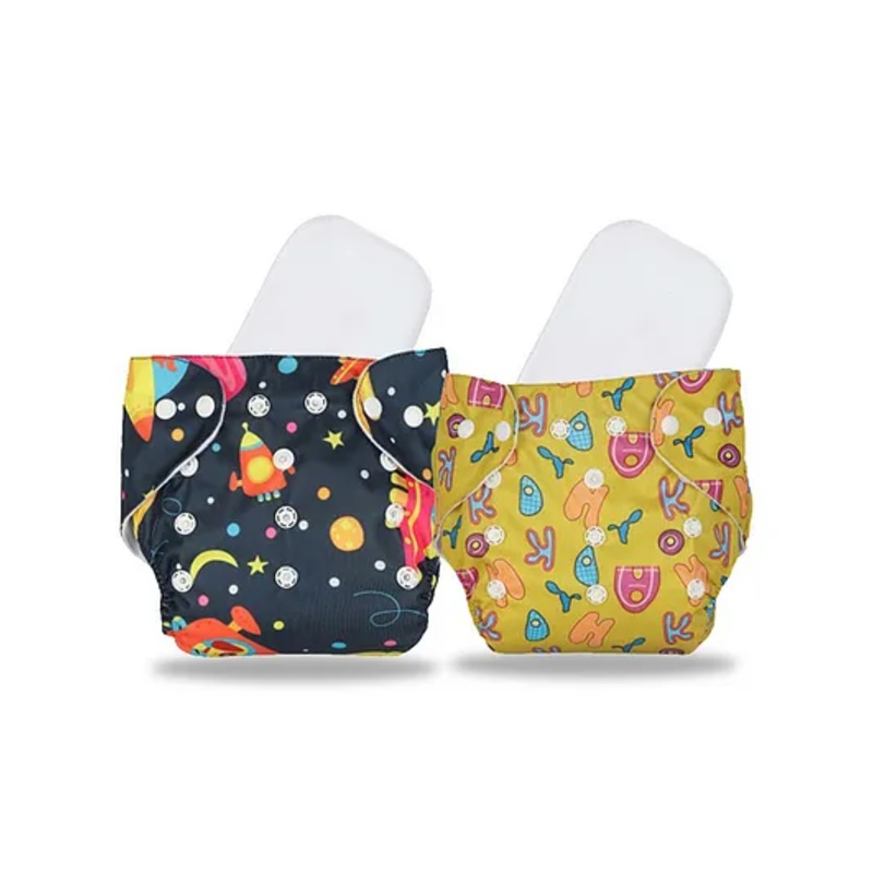 Chinmay Kids Cloth Diaper Cute Prints Freesize Reusable Washable Adjustable Snap Buttons Cloth Diaper For Babies With Wet Free Insert Pads Leak Proof & Dry Feel Pack of 2 – Dark Blue & Yellow