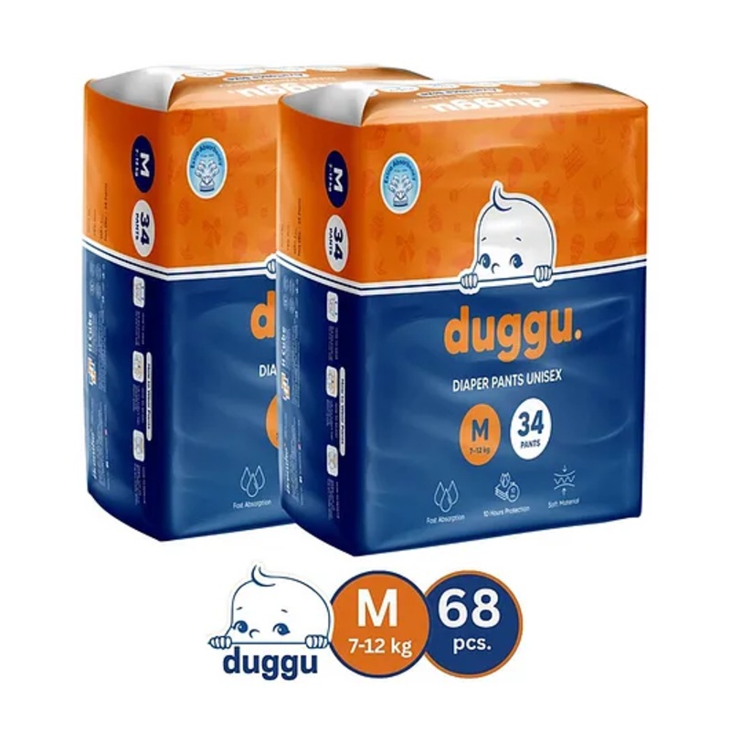 Duggu Baby Diaper Pants | Feather-Like Cotton Feel | Up to 10-Hour Absorption | Soft Elastic Waistband | Highly Absorbent | Medium | 7-12 KG | Pack of 2 – 68 Diapers