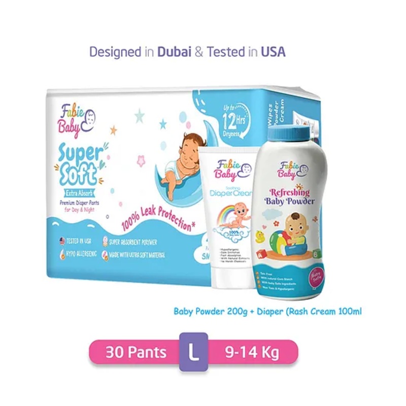 Fabie Baby Potty Time Combo Diaper Large 30 pieces Diaper Rash Cream 100 ml & Baby Powder 200g
