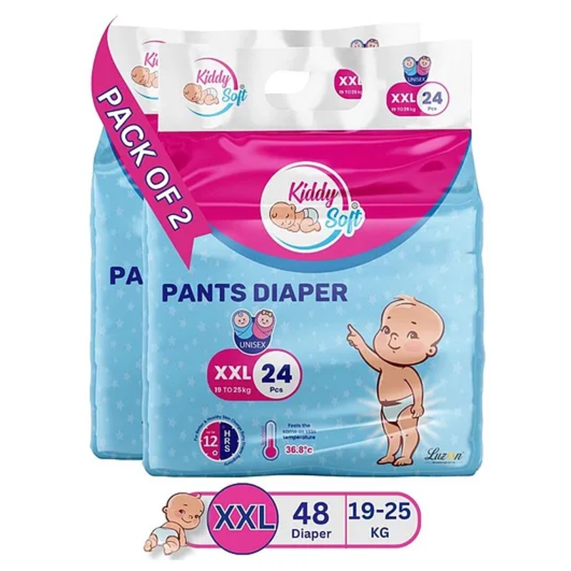 KiddySoft Baby Diaper Pants | Super Absorbent with Criss Cross Layer | Up to 12 Hours Protection | Softest Top Sheet | Comfortable Fit | XXL (19-25 KG) | Pack of 2 (48 Diapers )