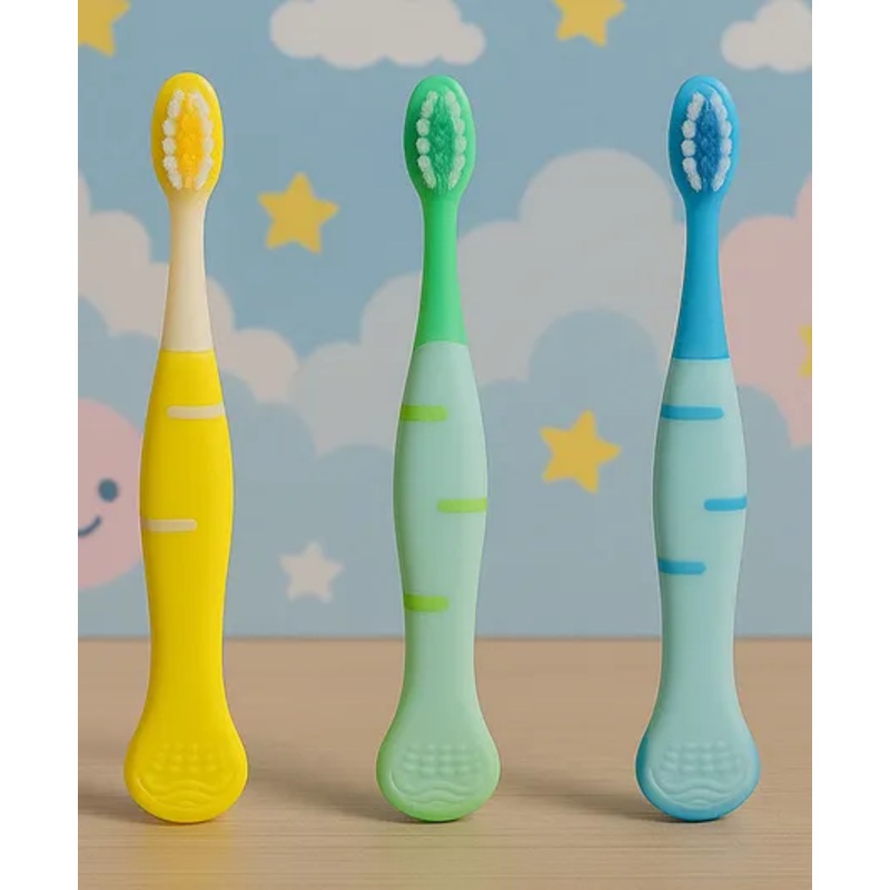 KIDS BASIC Cute Handle Soft Bristle With Tongue Scrapper Kids Toothbrush – Blue, Yellow & Green (Pack of 3)