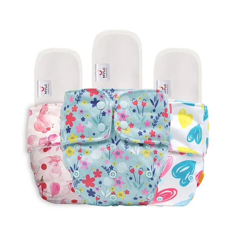 Mylo Baby Freesize Adjustable Cloth Diapers with 3 Free Insert Oeko Tex Certified Pack of 3 – Cherry Blossom Heart Doodles Floral Spring Multicolour
