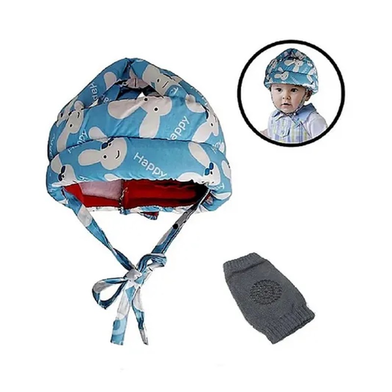 Numum Adjustable Baby Safety Helmet – Blue smiley helmet and kneepads (color and design may vary)