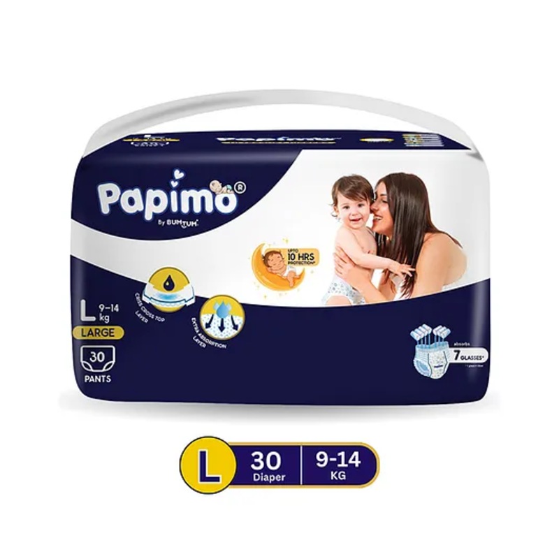 Papimo Baby Diaper Pants  | 12 Hours Absorption with Criss-Cross Technology | Cottony Soft & Breathable | Aloe Vera Infused | Wetness Indicator | Large (9-14 KG) | Pack of 1 (30 Diapers)