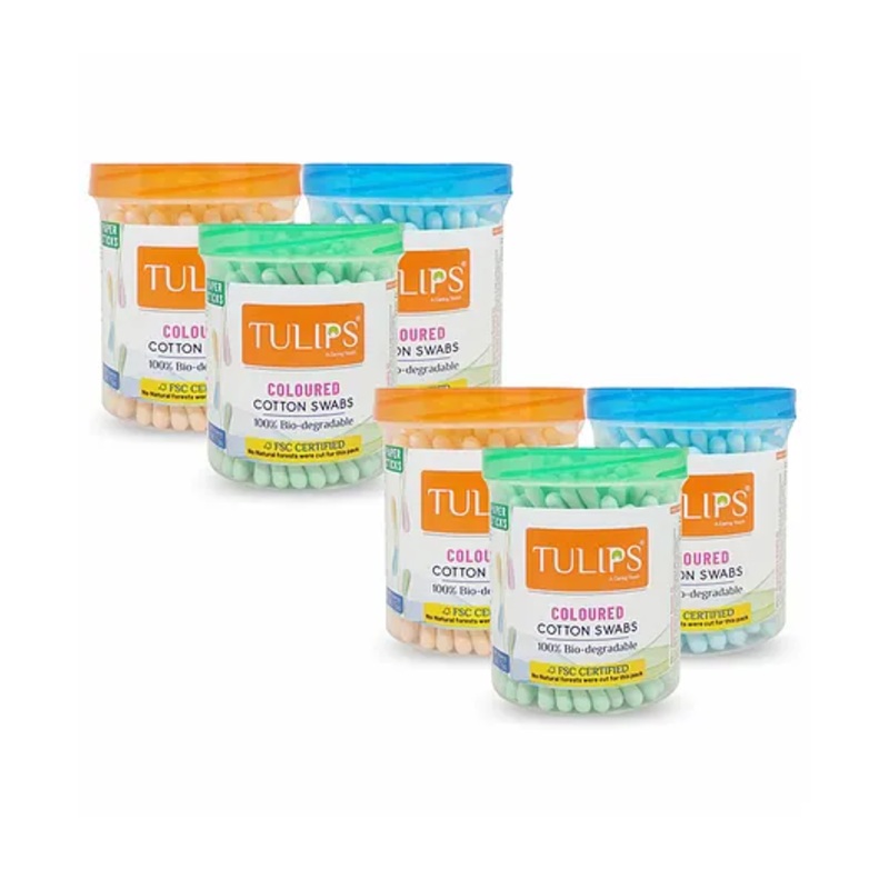 Tulips Biodegradable Cotton Buds Swabs Pack Of 6 Multicolor – 100 Pieces Each