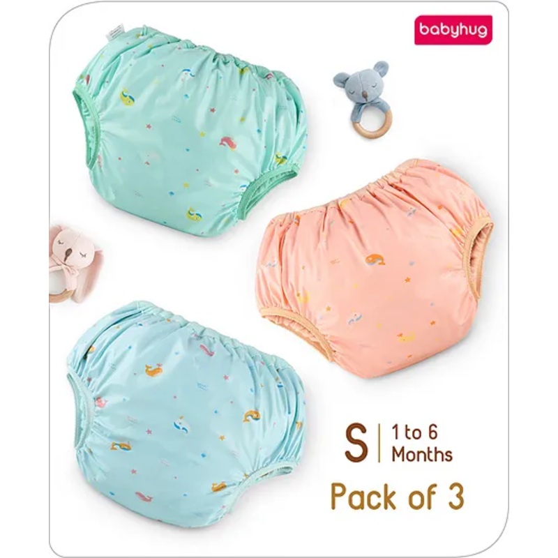 Babyhug Waterproof Pant Style Nappy with Elastic Small Size Set of 3 – Dolphin Print| Reusable| Easy to Clean and Maintain| Leak Proof| Soft Terry Inner Lining