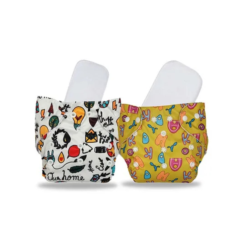 Chinmay Kids Cloth Diaper Cute Prints Free size Reusable Washable Adjustable Snap Buttons Cloth Diaper For Babies With Wet Free Insert Pads Leak Proof & Dry Feel & Set of 2 – White & Yellow