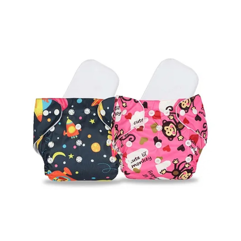 Chinmay Kids Cloth Diaper Cute Prints Freesize Reusable Washable Adjustable Snap Buttons Cloth Diaper For Babies With Wet Free Insert Pads Leak Proof & Dry Feel Pack of 2 – Dark Blue & Pink
